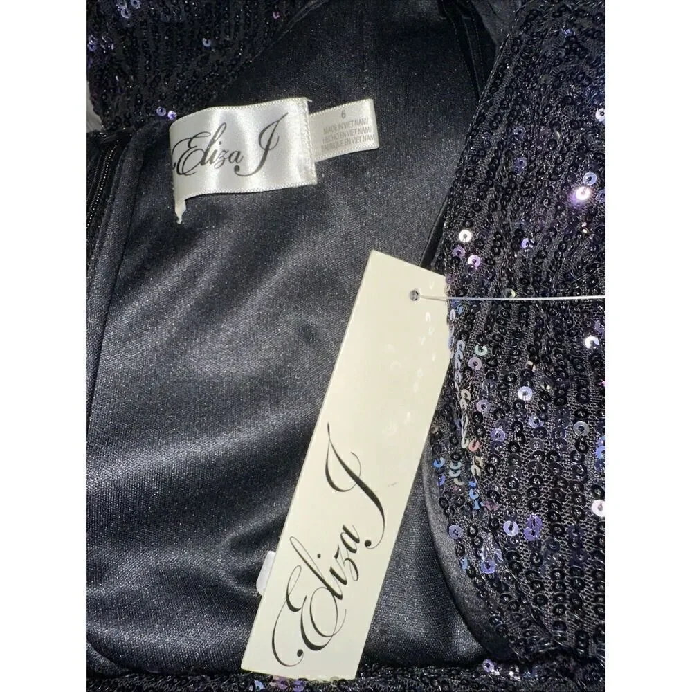 Eliza J Women's Cocktail Dress Size 8 Black Multi Sequined 3/4 Ballon Sleeve - Picture 8 of 8